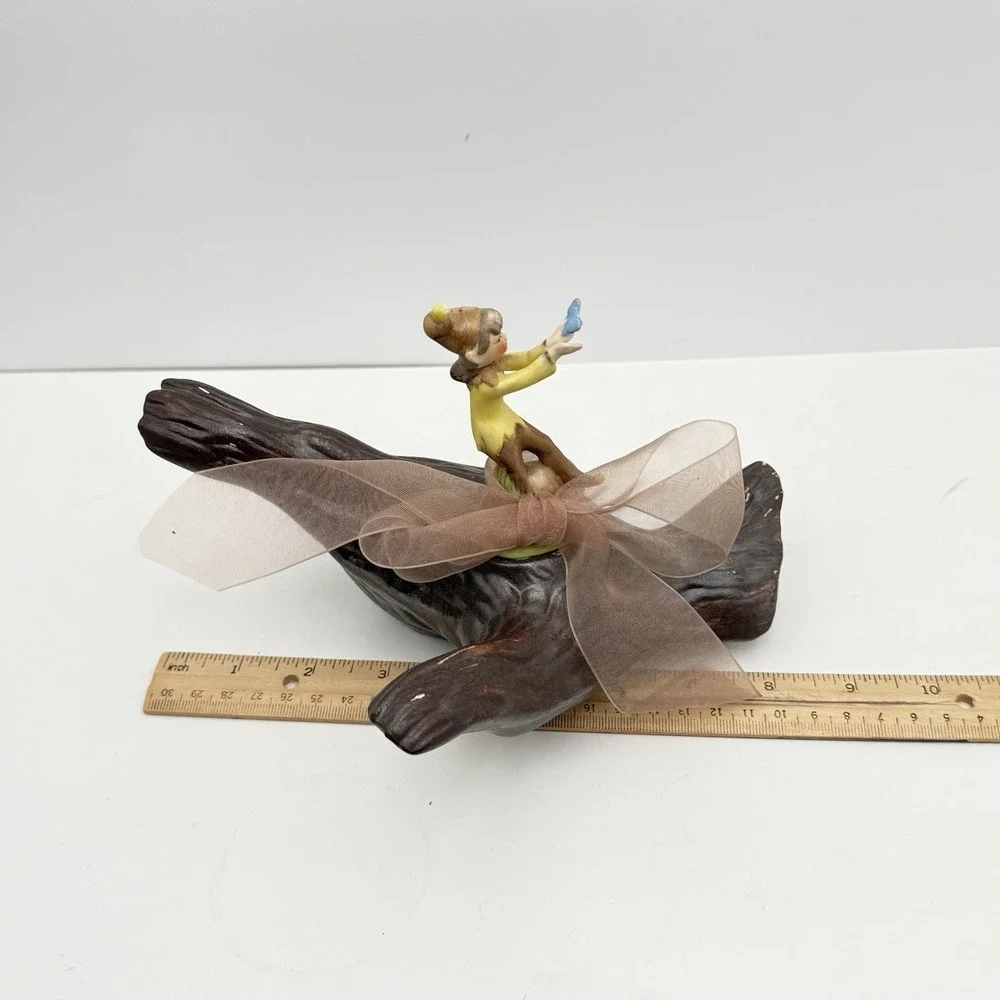 Vtg 50s Ceramic Girl Garden Pixie Elf On Log w/ Butterfly Kitschy Mid Century
